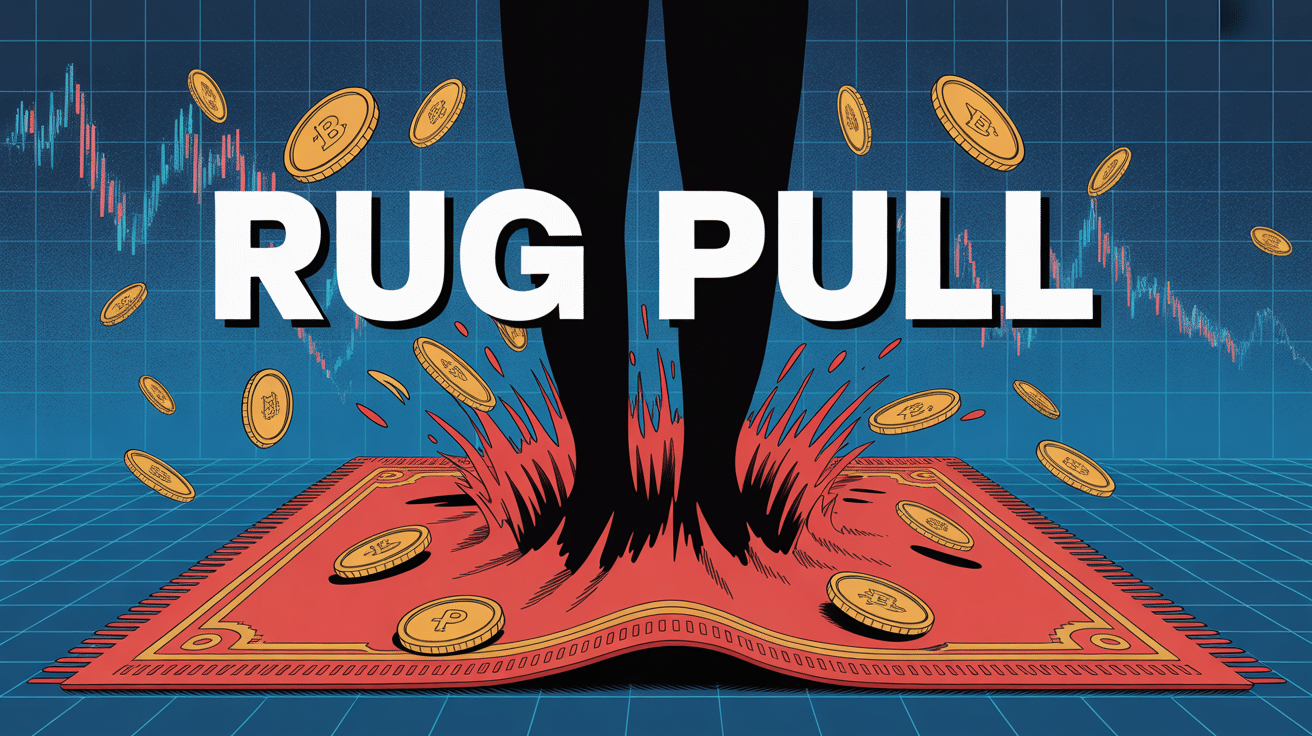 Illustration stylisée d'un rug pull en cryptomonnaie
