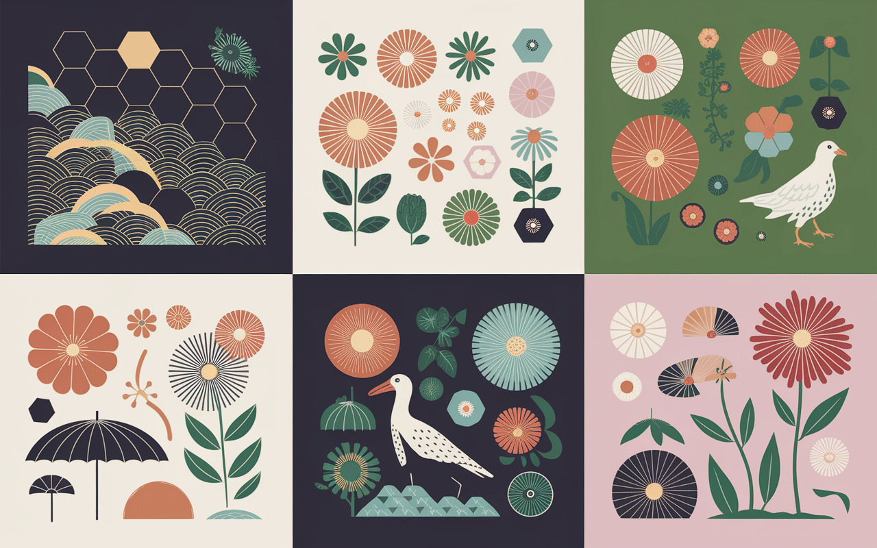 Illustration des catégories de motifs japonais : géométrique, floral, animal.