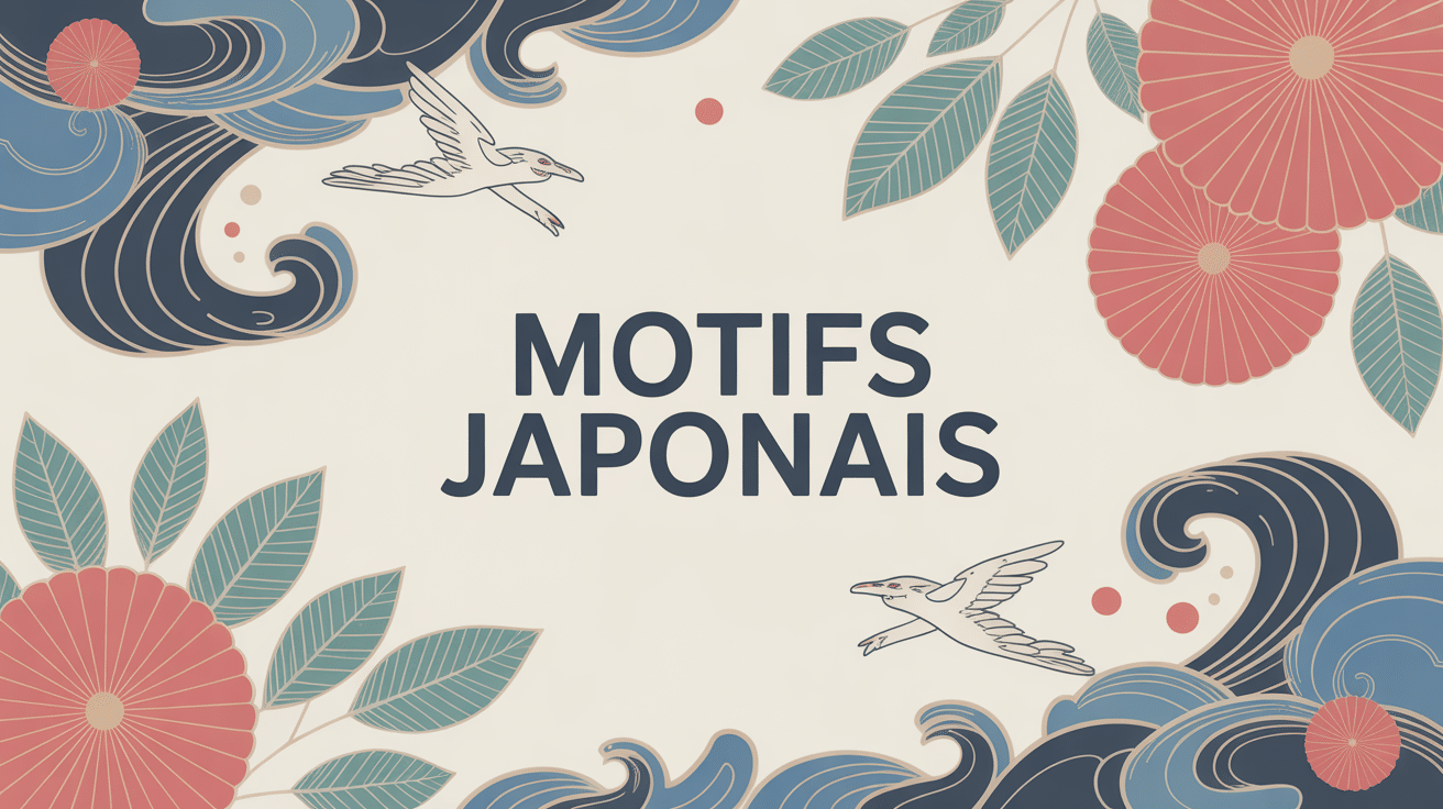 Illustration de motifs japonais traditionnels avec vagues et fleurs.