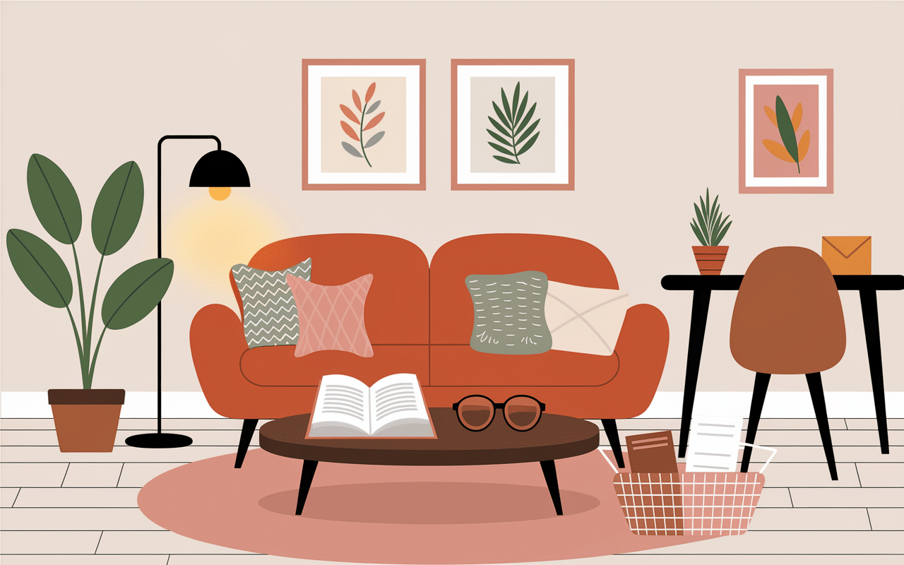 Illustration cosy de salon avec objets en L