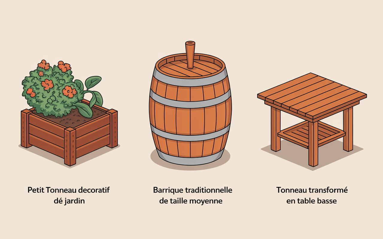 Trois types de tonneaux bois