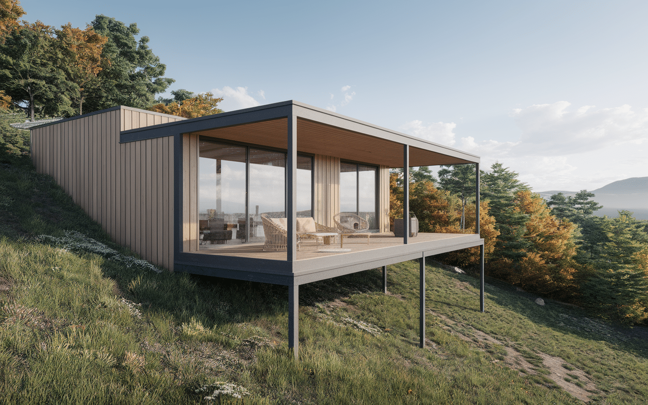 coupe d'une terrasse sur pilotis moderne terrain en pente
