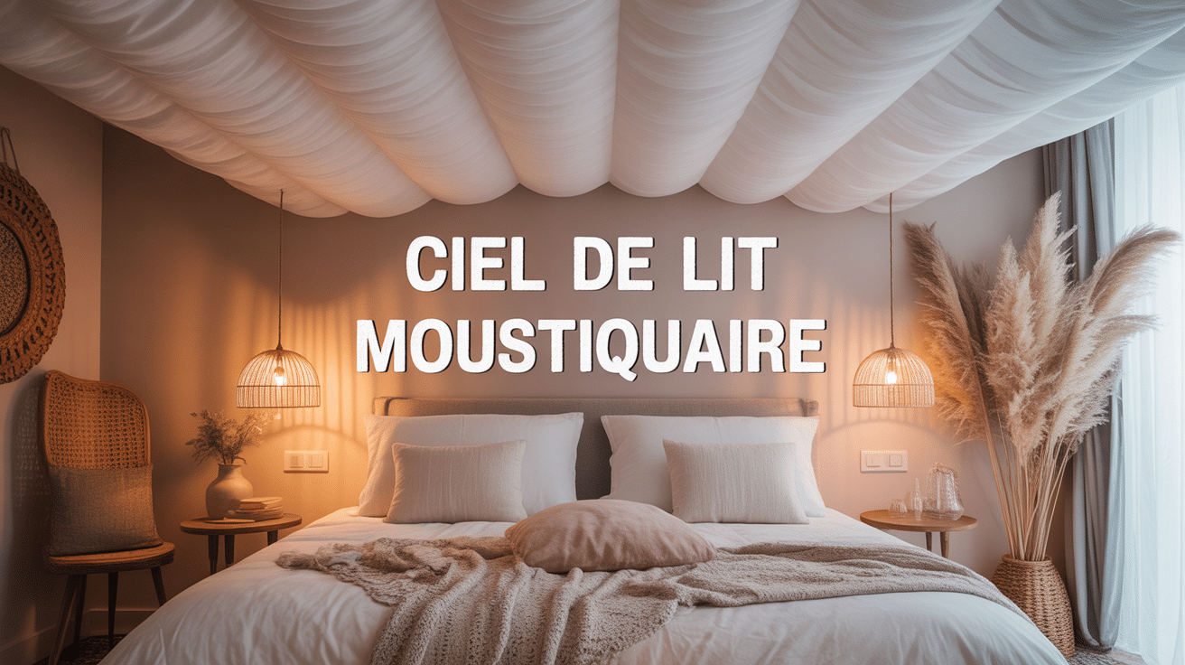 ciel de lit moustiquaire blanc sur lit double ambiance romantique
