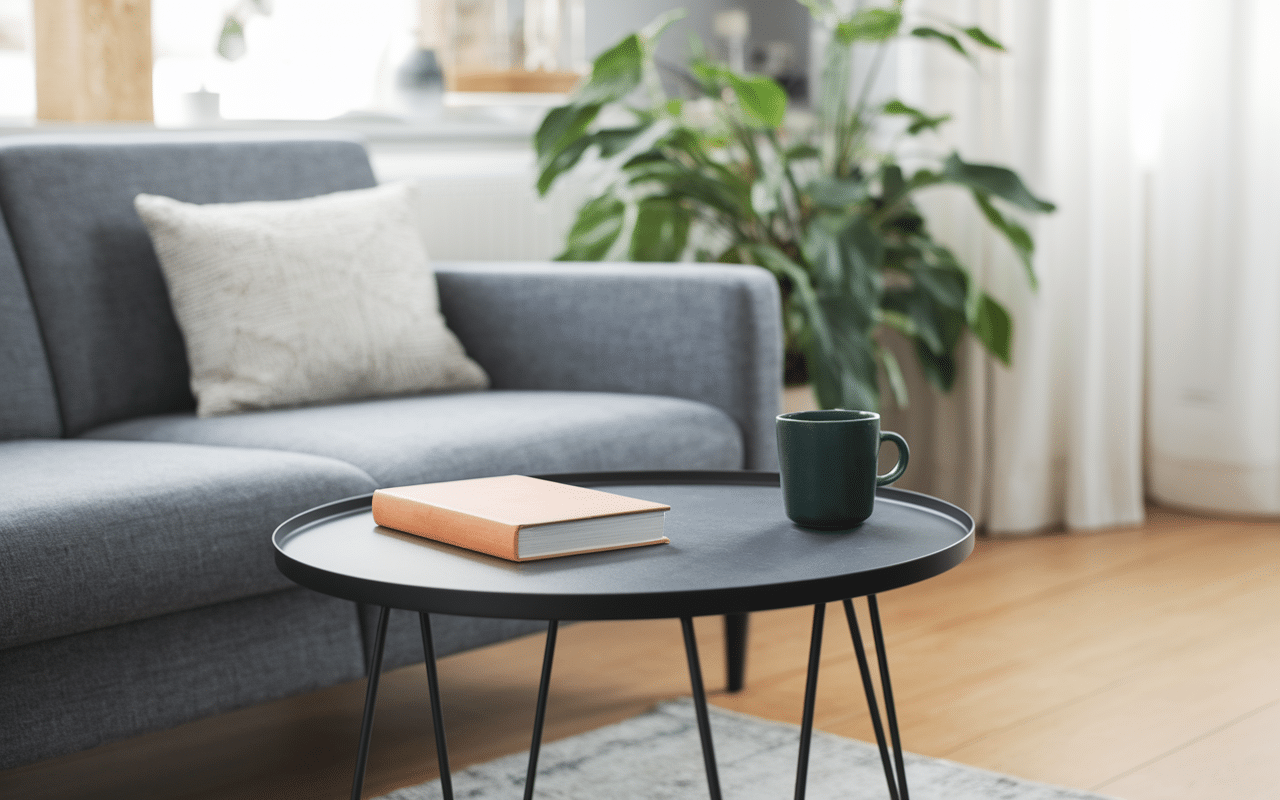 Table d appoint metal près canapé avec livre et tasse