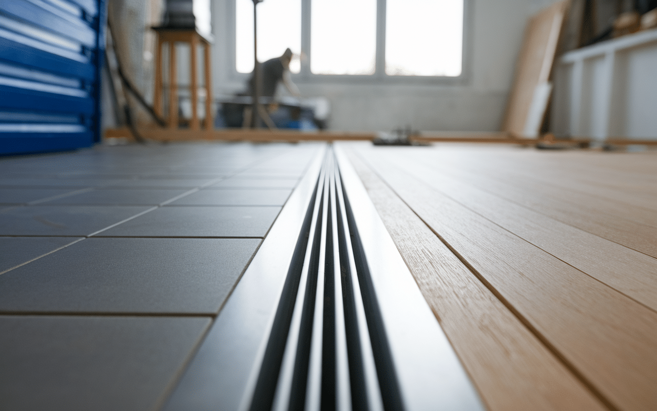 Transition cuisine carrelage salon parquet barre de seuil