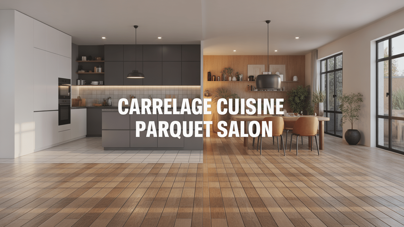Vue cuisine carrelage salon parquet moderne transition