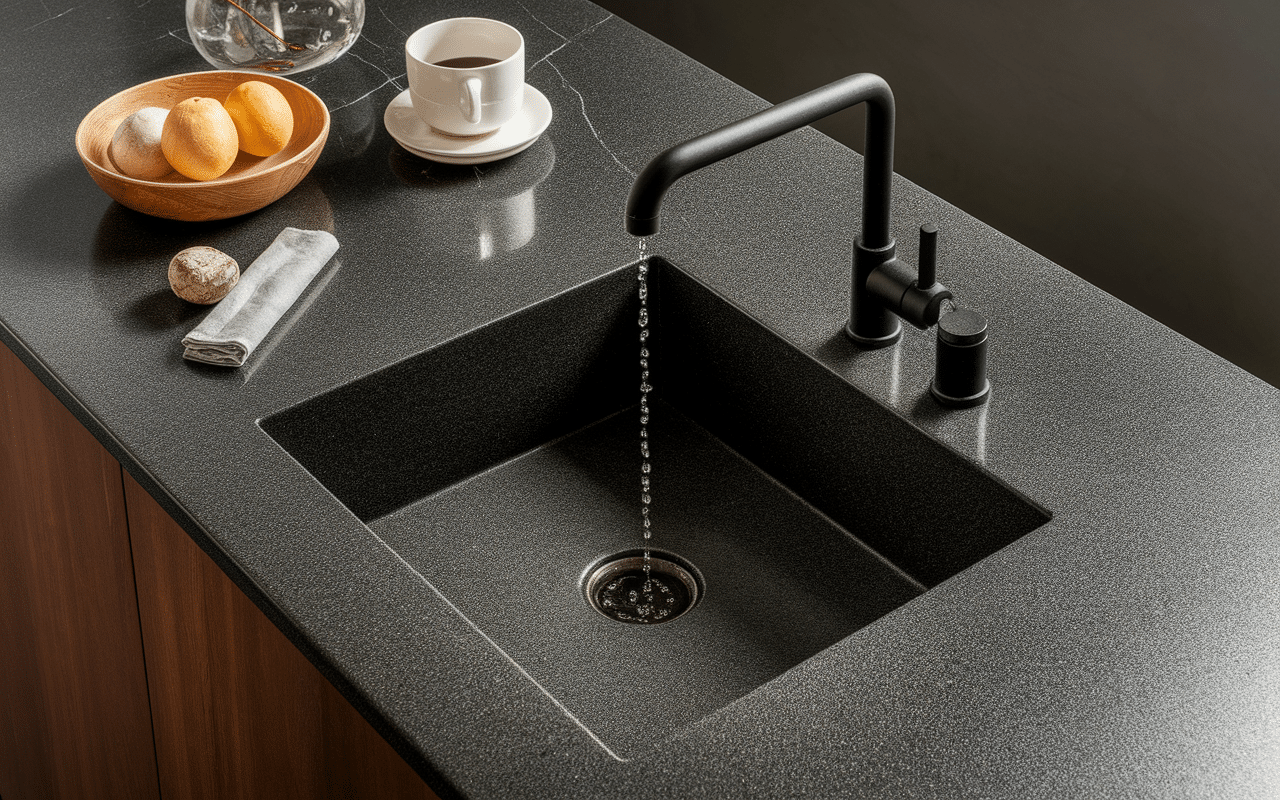 Évier granit inconvénient avec taches de calcaire cafe