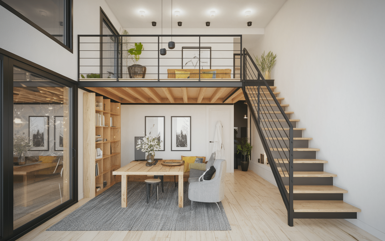Interieur maison container optimisation espace mezzanine bois metal