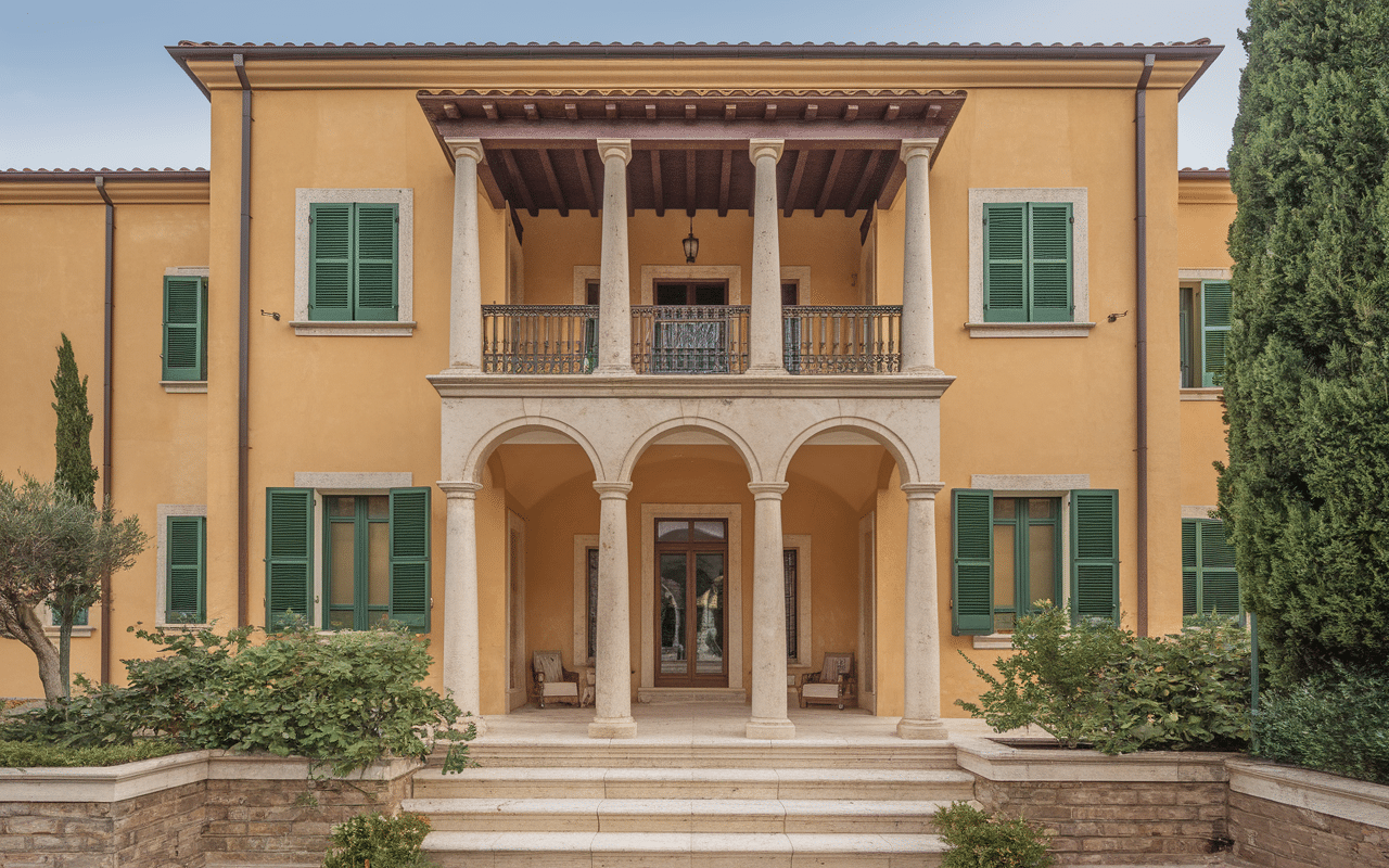 Façade maison style italienne murs ocre tuiles rouges volets verts