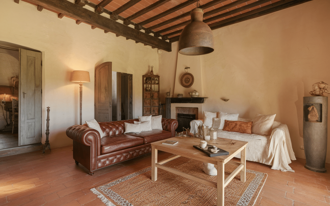 Intérieur maison style italienne canapé cuir table bois sol terre cuite