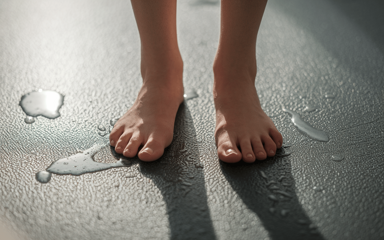 Gros plan sur receveur douche antidérapante, pieds nus sur surface texturée