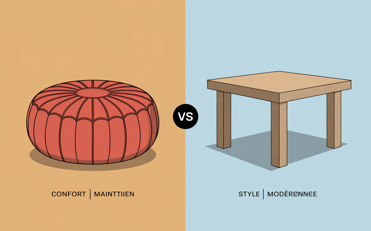 Illustration pouf ou tabouret, comparaison confort et maintien