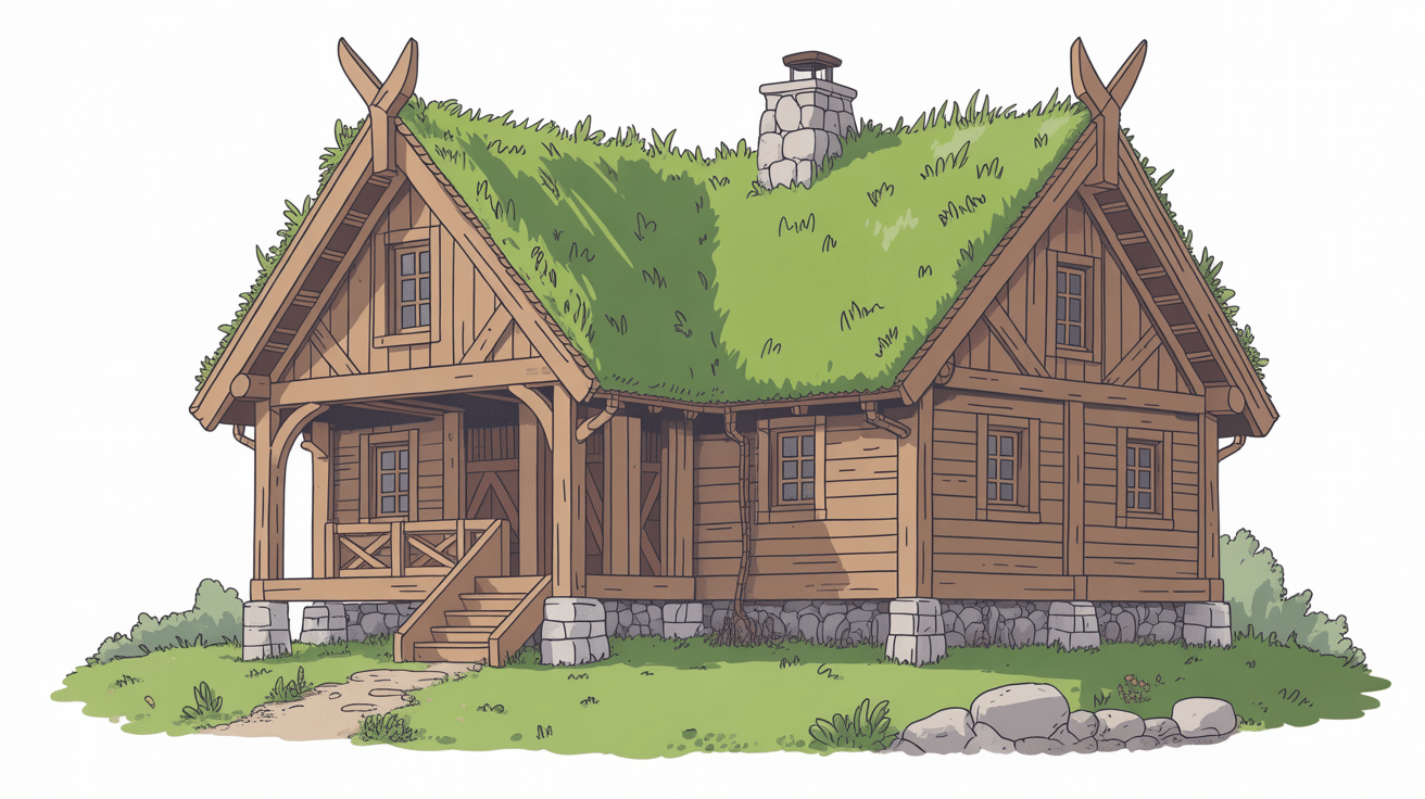 Coupe maison viking structure bois tourbe toit végétal