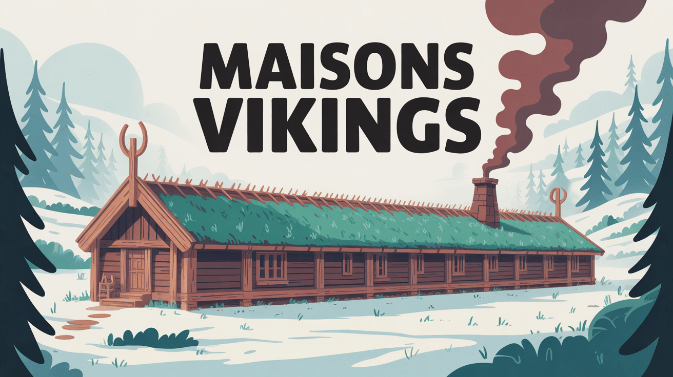 Illustration maison viking bois toit tourbe paysage nordique