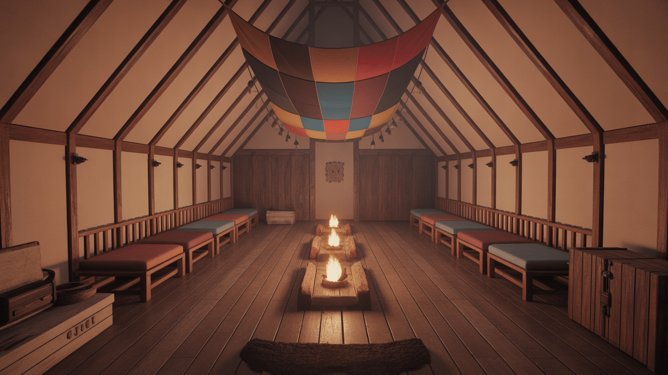 Vue intérieure maison viking avec foyer central et couchage