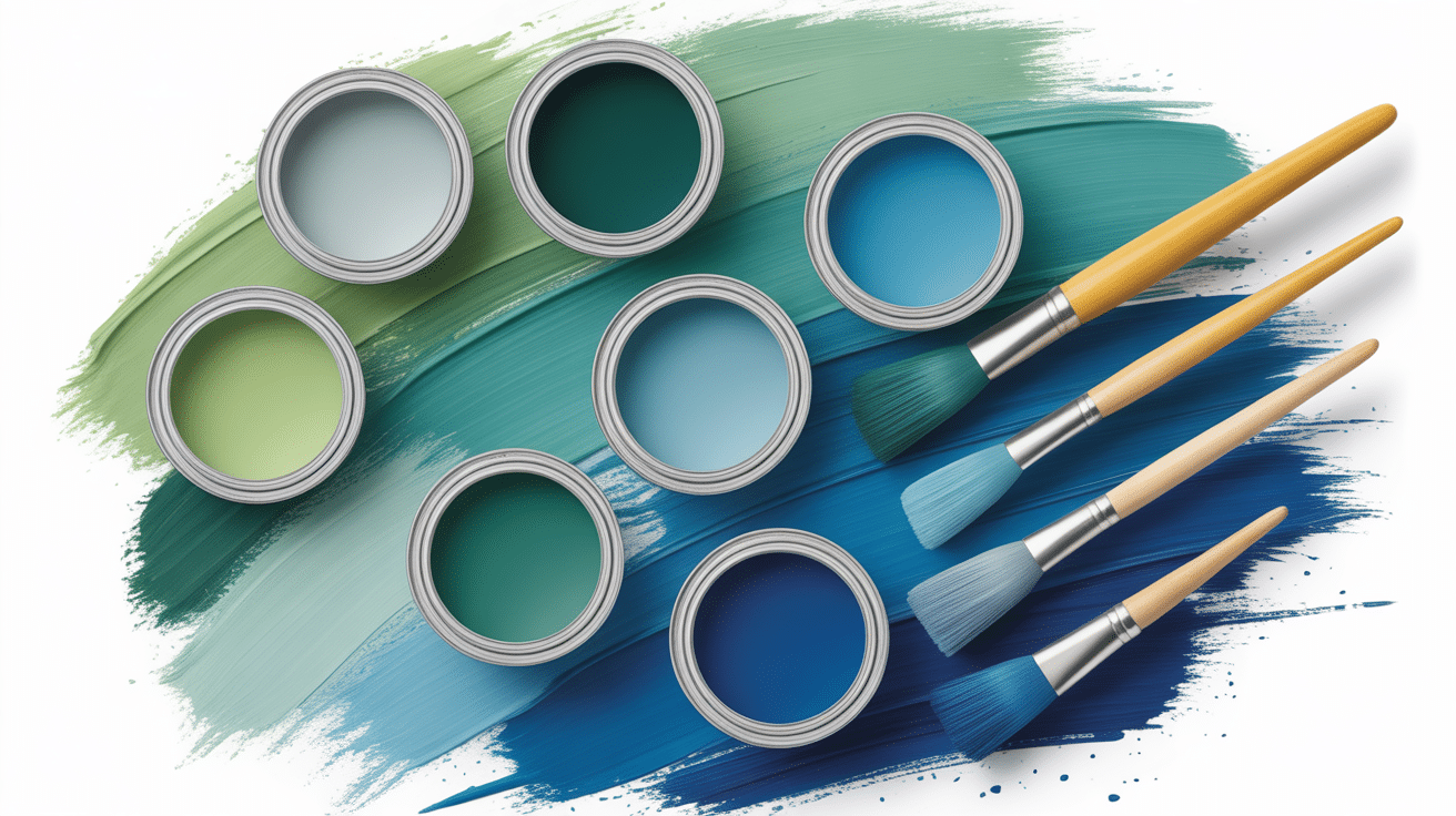 Palette nuances bleu canard peinture avec pinceaux