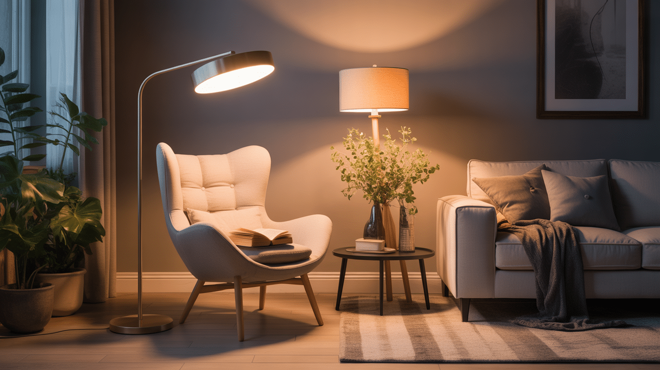 Fauteuil lecture lampe pied halogene salon ambiance chaleureuse