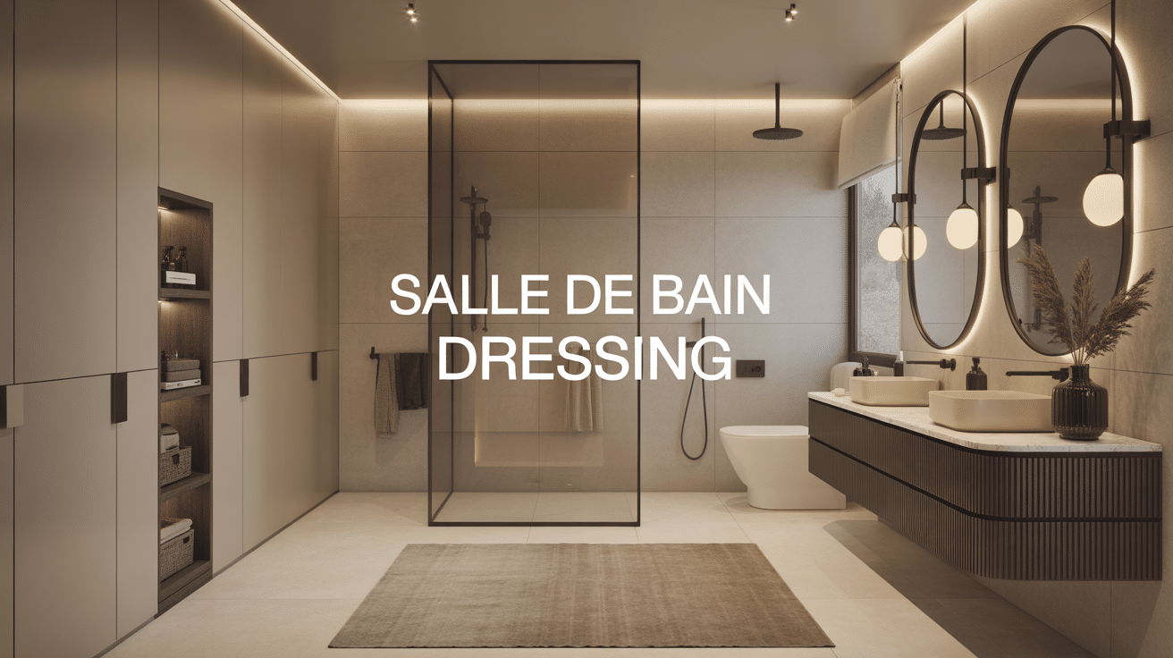 Salle de bain dressing moderne avec dressing integre et rangements élégants