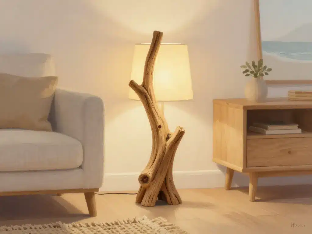 ambiance chaleureuse salon avec lampe bois flotté style scandinave