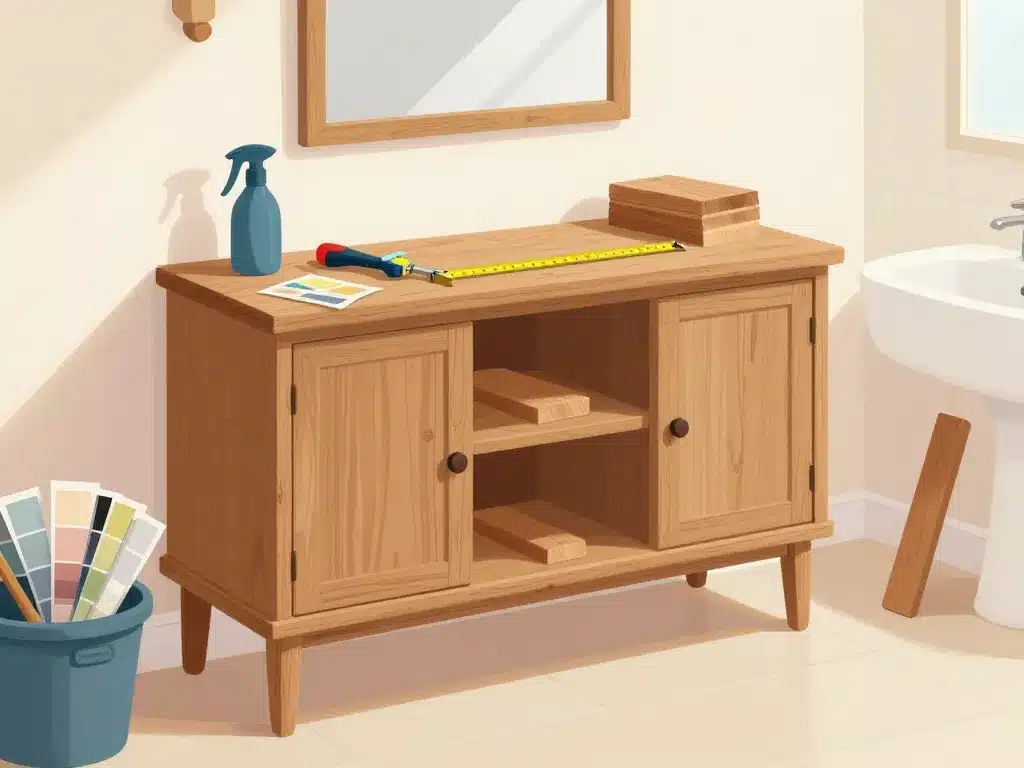 Préparation du buffet transformé en meuble de salle de bain avec outils et vérifications