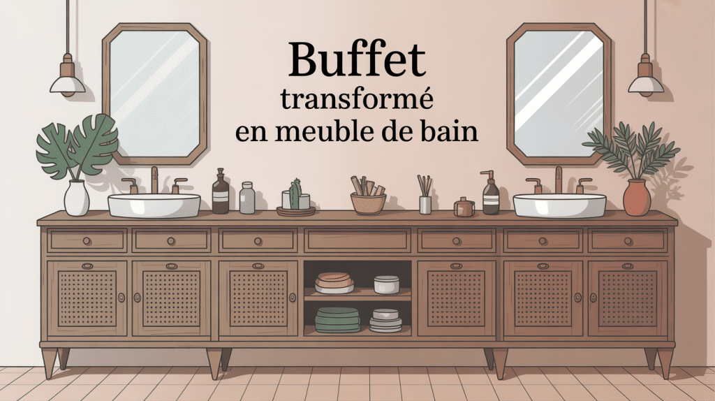 Buffet transformé en meuble de salle de bain avec vasque, robinetterie et miroir