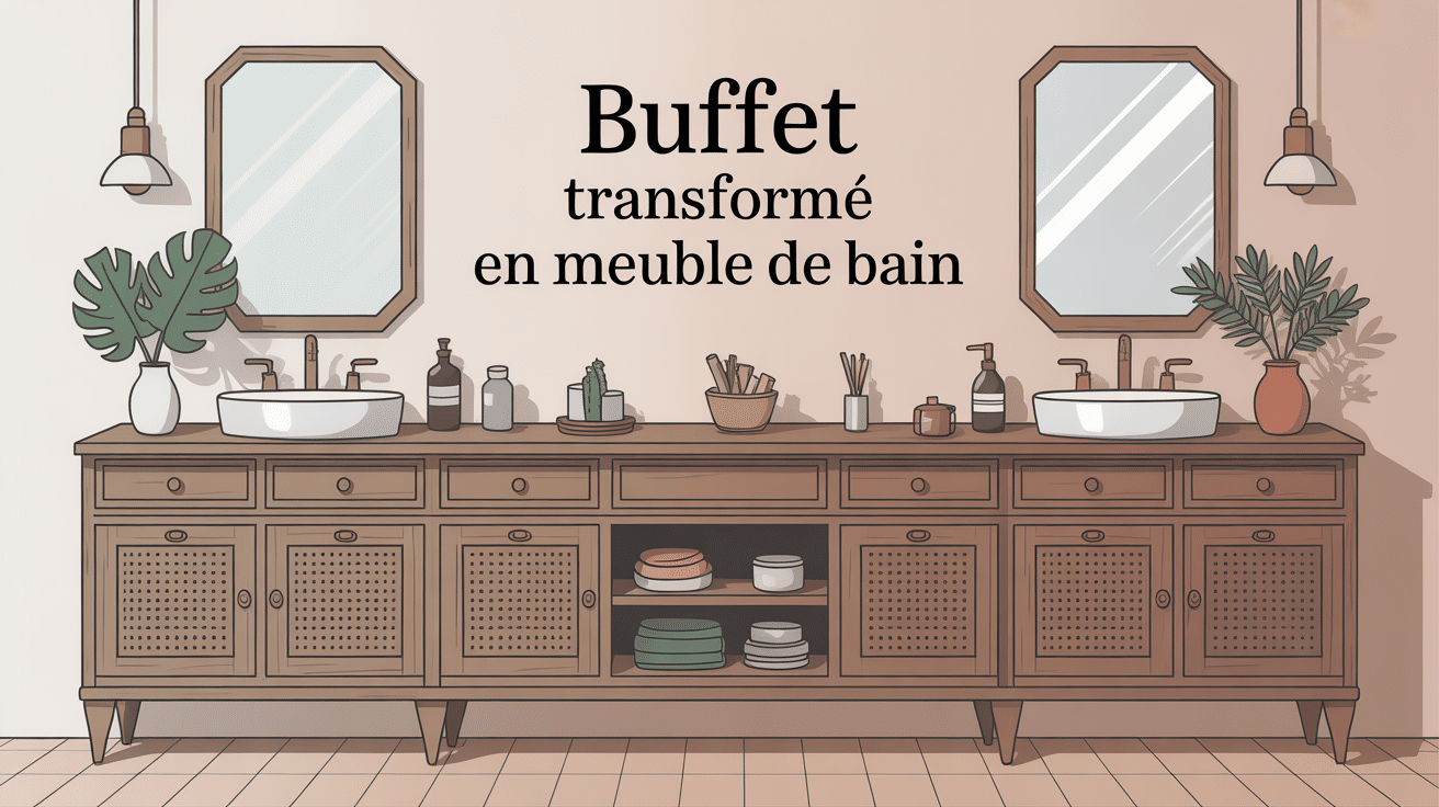 Buffet transformé en meuble de salle de bain avec vasque, robinetterie et miroir