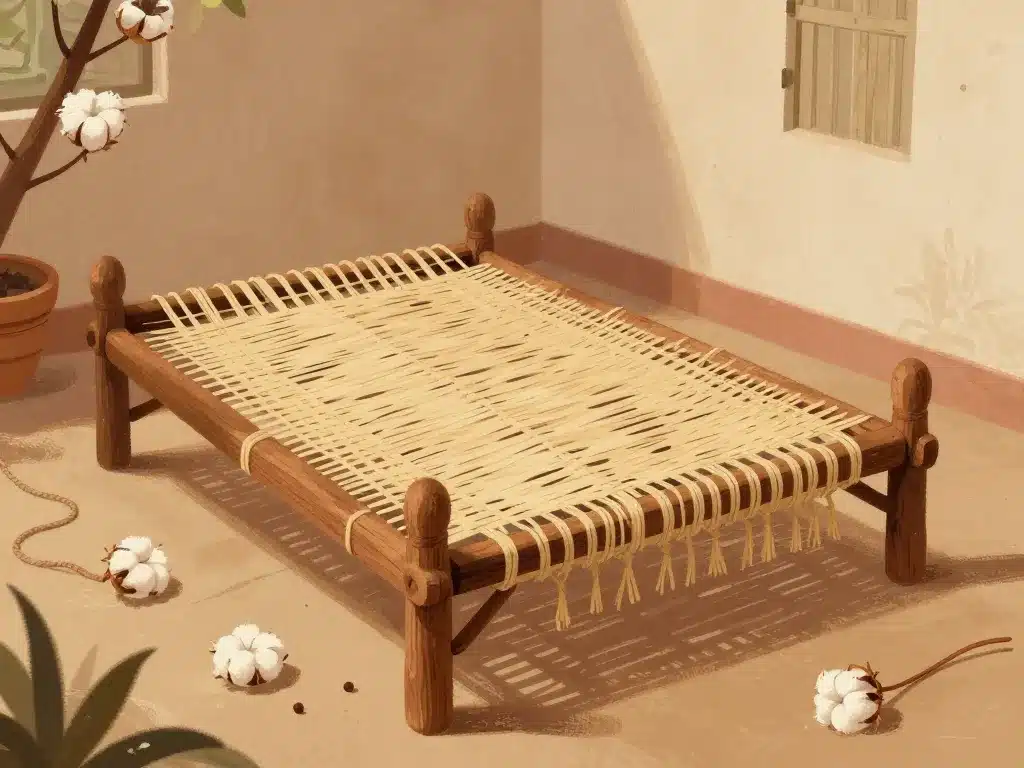 charpoy en cours de tressage en Inde