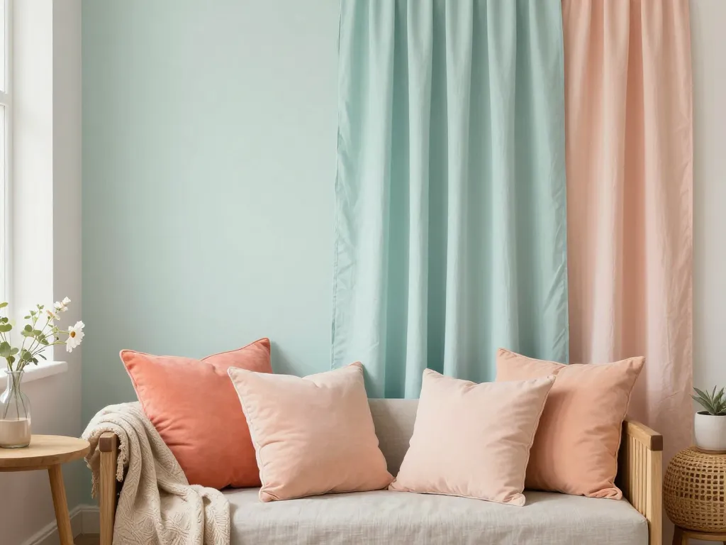 Déco intérieure pastel couleur complémentaire vert d'eau et corail