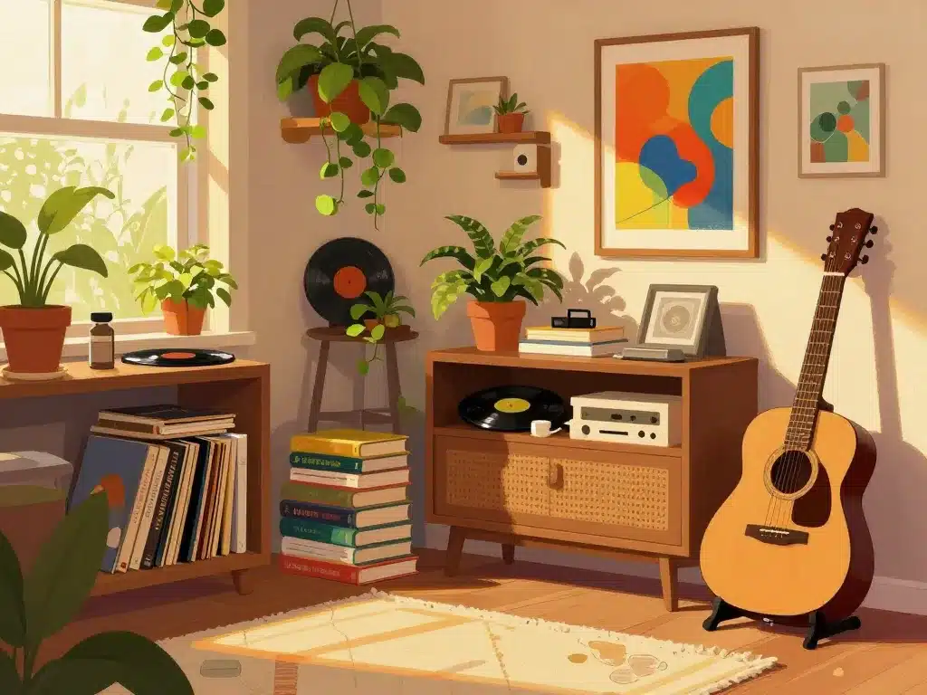 intérieur indie home avec meubles vintage et plantes