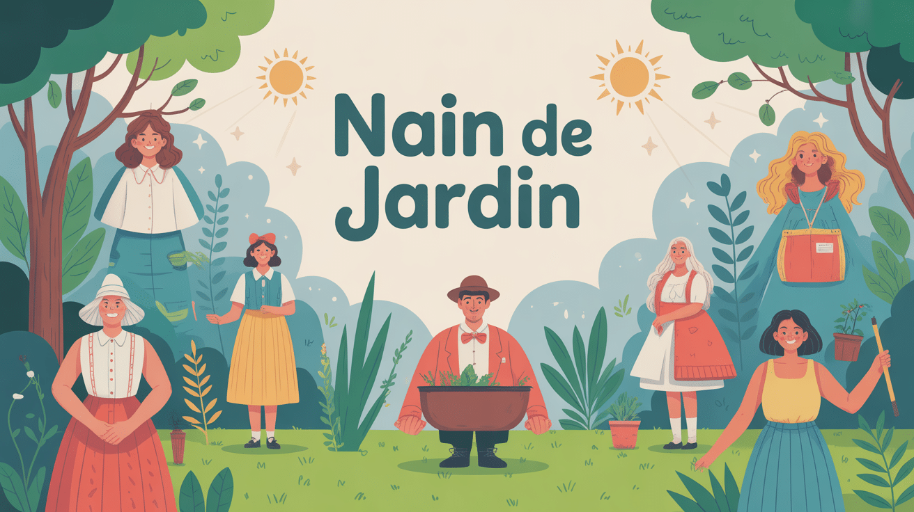 Nains de jardin variés dans jardin verdoyant