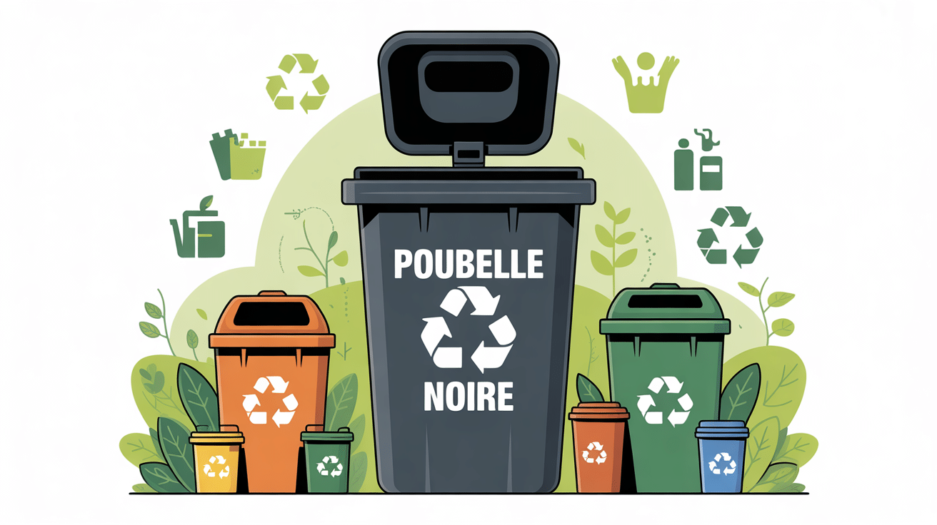 illustration poubelle noire tri et écologie