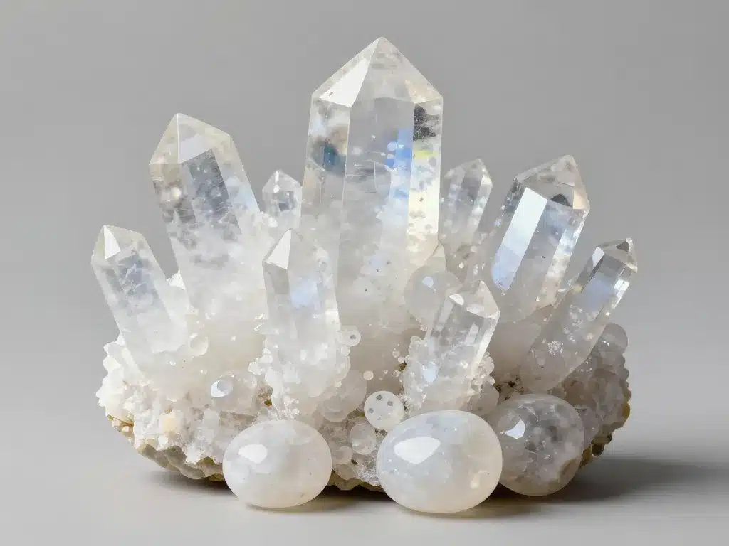 quartz blanc cristaux bruts et polis sur fond neutre