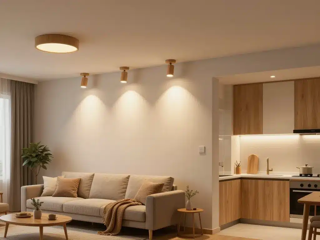 Spots en bois dans salon, cuisine et salle de bain