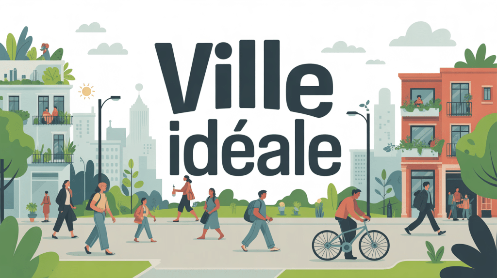 Illustration ville ideale avec nature, habitants et espaces publics