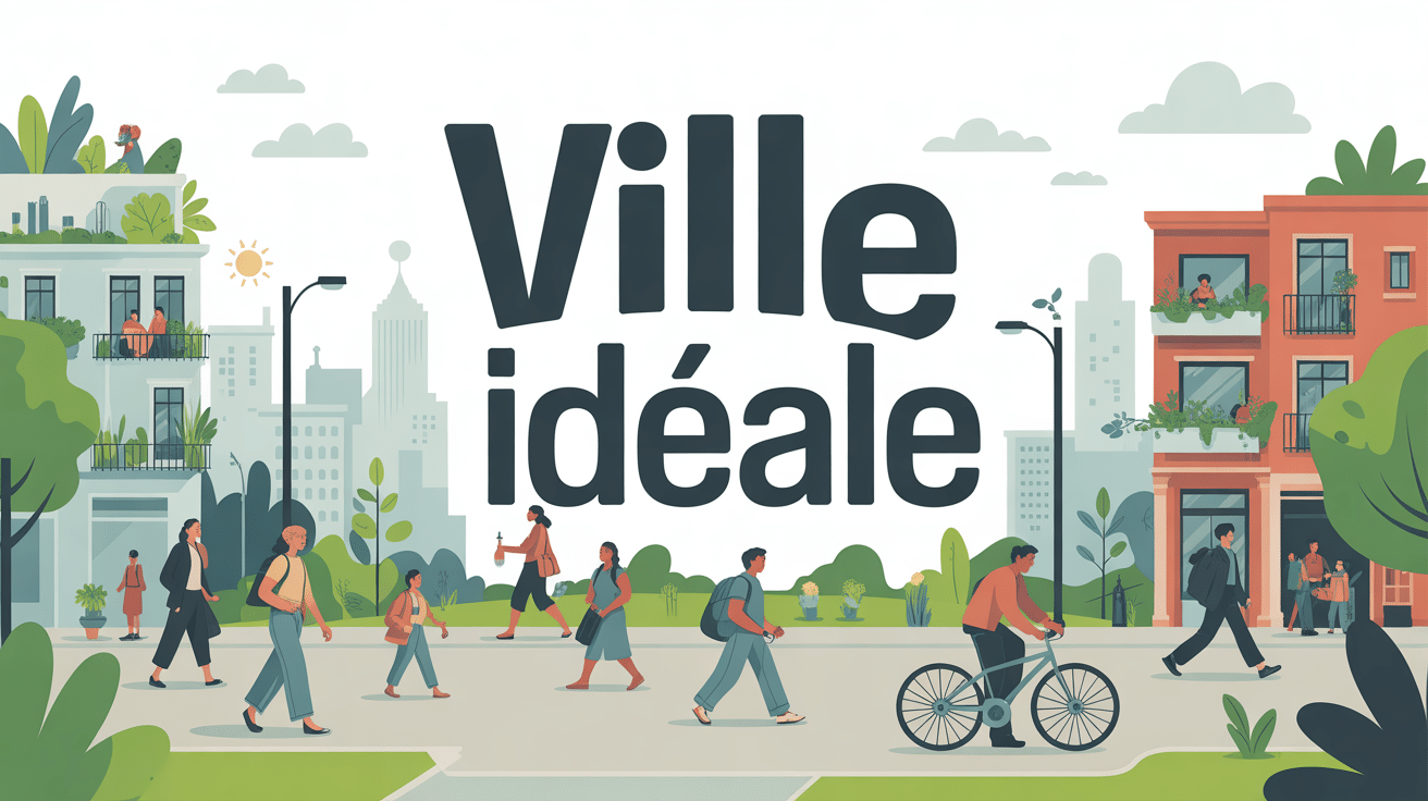 Illustration ville ideale avec nature, habitants et espaces publics
