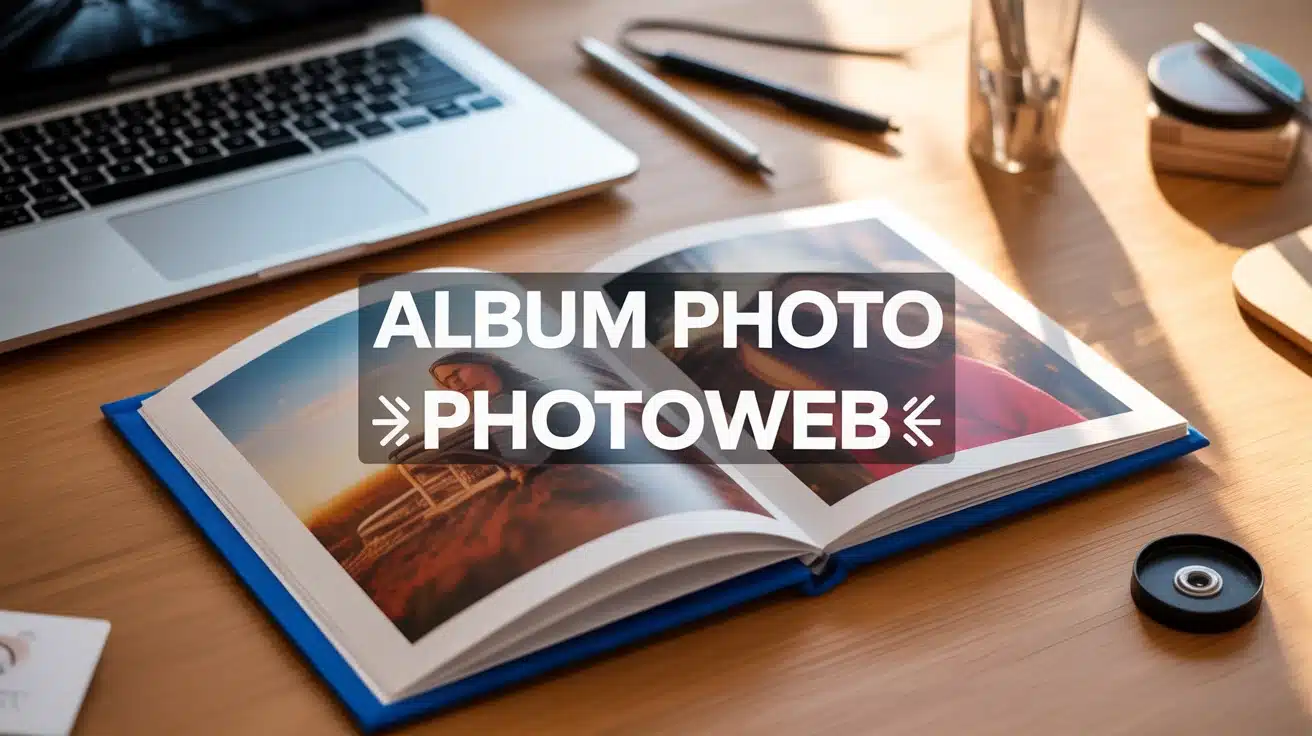 album photo Photoweb ouvert sur table avec photos stylisées