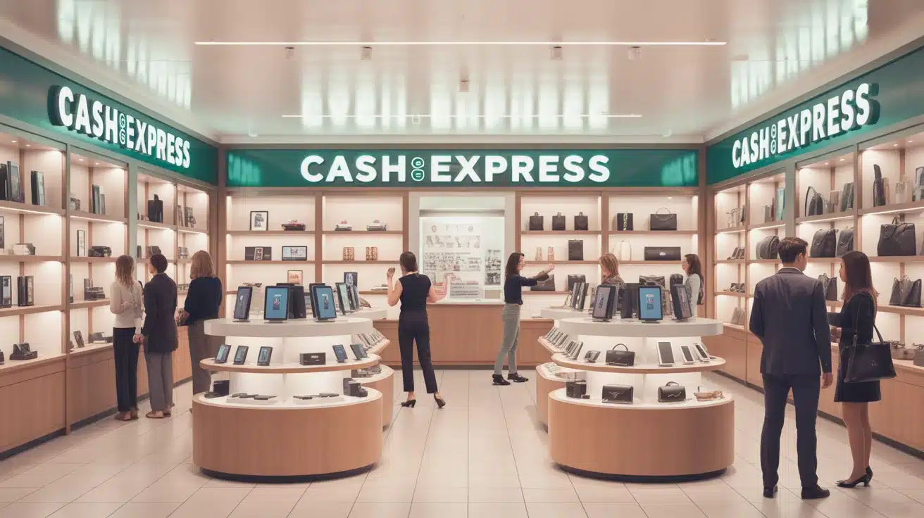Magasin Cash Express avec clients et objets variés