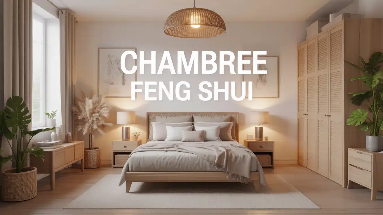 Chambre Feng Shui avec lit central et plantes naturelles