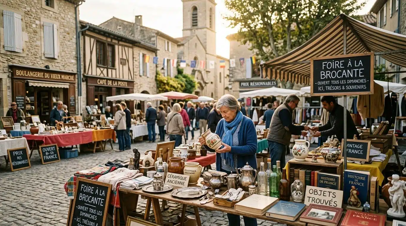 Ambiance d'un vide-grenier en plein air avec des objets chinés sur des étals