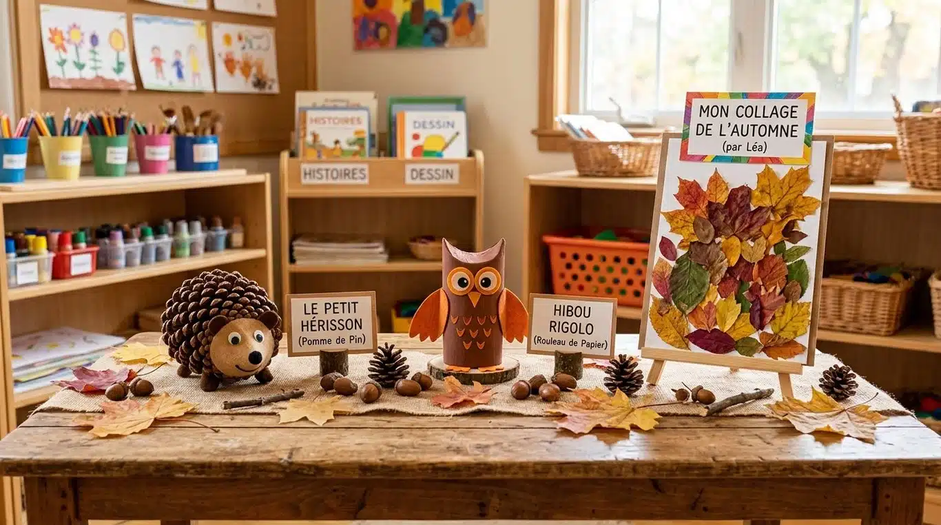 Exemples de bricolages d'automne pour enfants de maternelle : hérisson en pomme de pin, hibou en carton et collage de feuilles.
