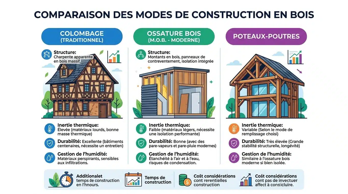 Infographie comparative des techniques de construction bois : colombage vs ossature moderne