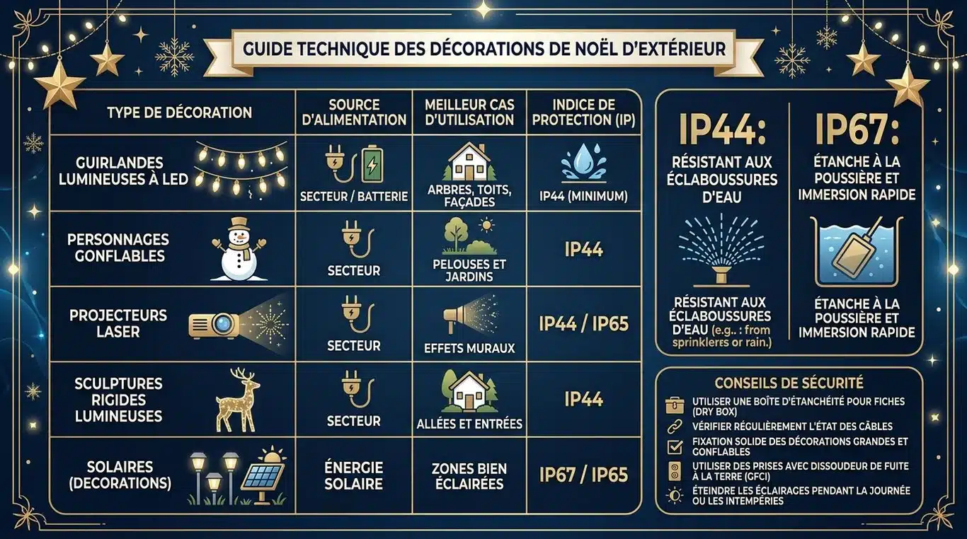 Infographie récapitulative des conseils techniques pour la décoration de Noël extérieure : indices de protection IP, types d'alimentation et sécurité.
