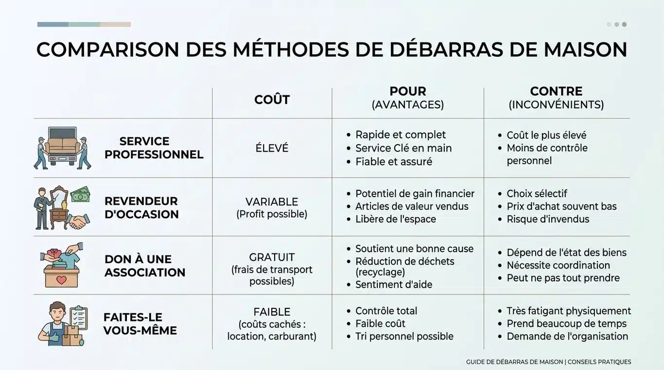 Tableau comparatif des solutions pour vider une maison : professionnels, brocanteurs, associations et faire soi-même.