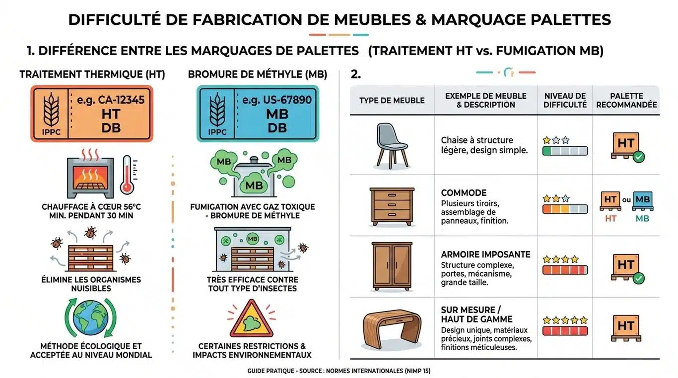 Infographie : marquages de palettes et guide de difficulté des meubles