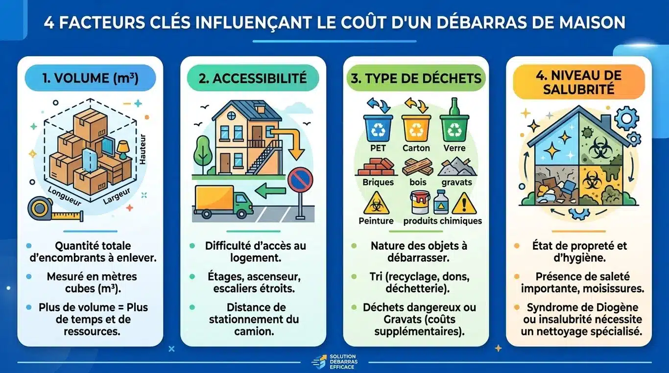 Infographie des facteurs influençant le coût d'un débarras de maison