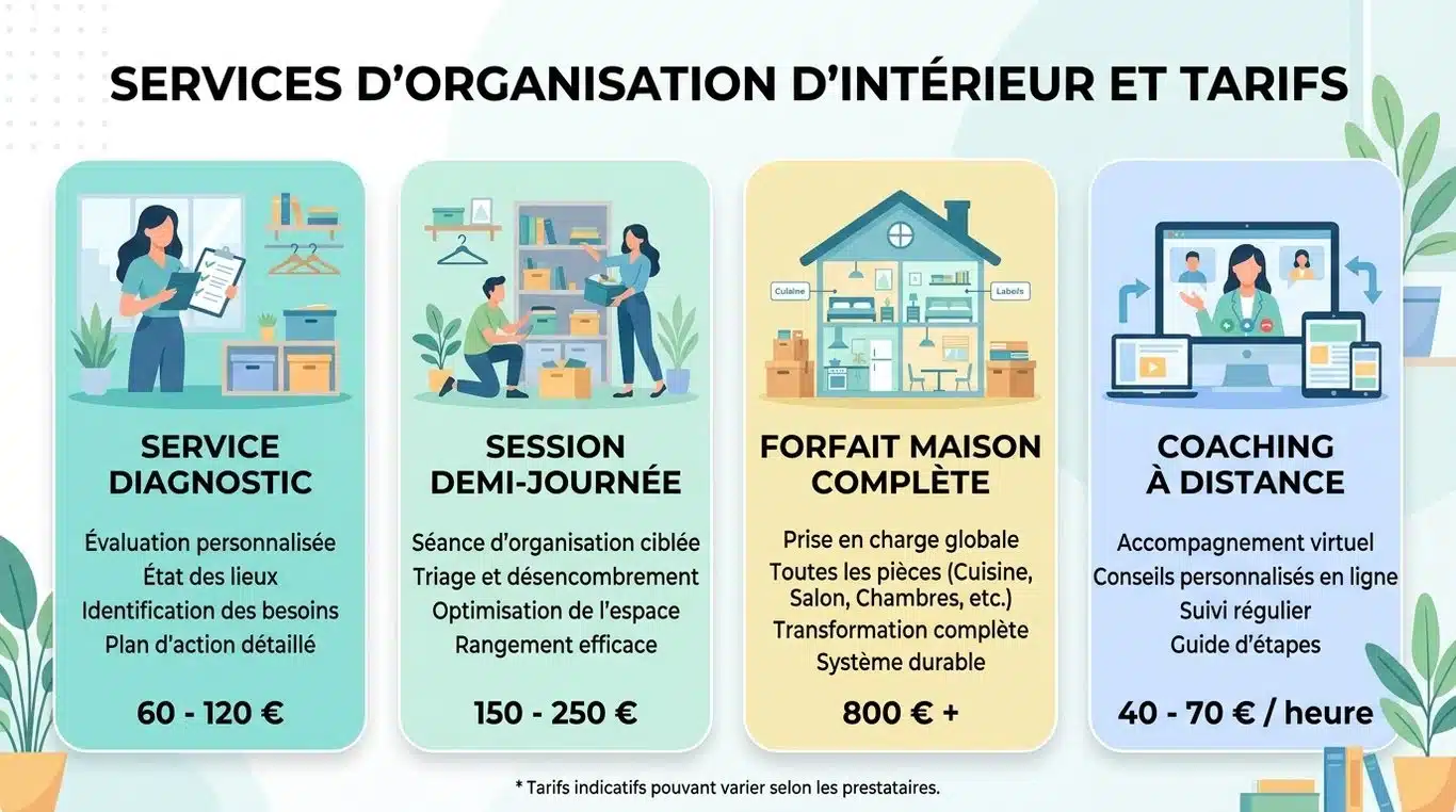 Infographie récapitulative des tarifs et prestations d'aide au rangement à domicile