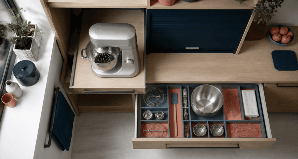 Plateau escamotable pour robot de cuisine et plan de travail allégé