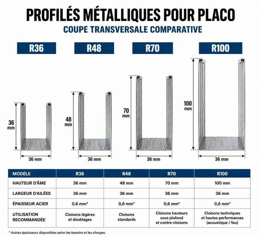 Comparatif des largeurs de rails pour placo R36, R48, R70 et R100