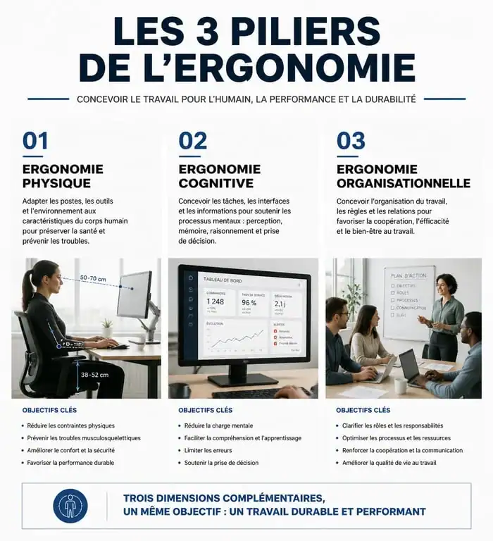 Schéma des trois domaines de l'ergonomie : physique, cognitive et organisationnelle