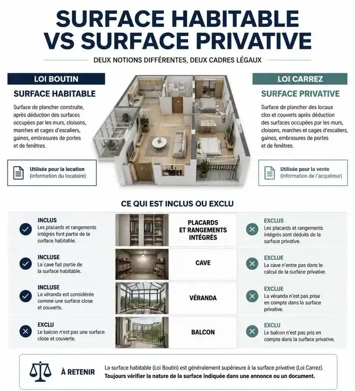 Comparatif surface habitable Loi Boutin et surface privative Loi Carrez pour le calcul de la surface habitable d'un placard